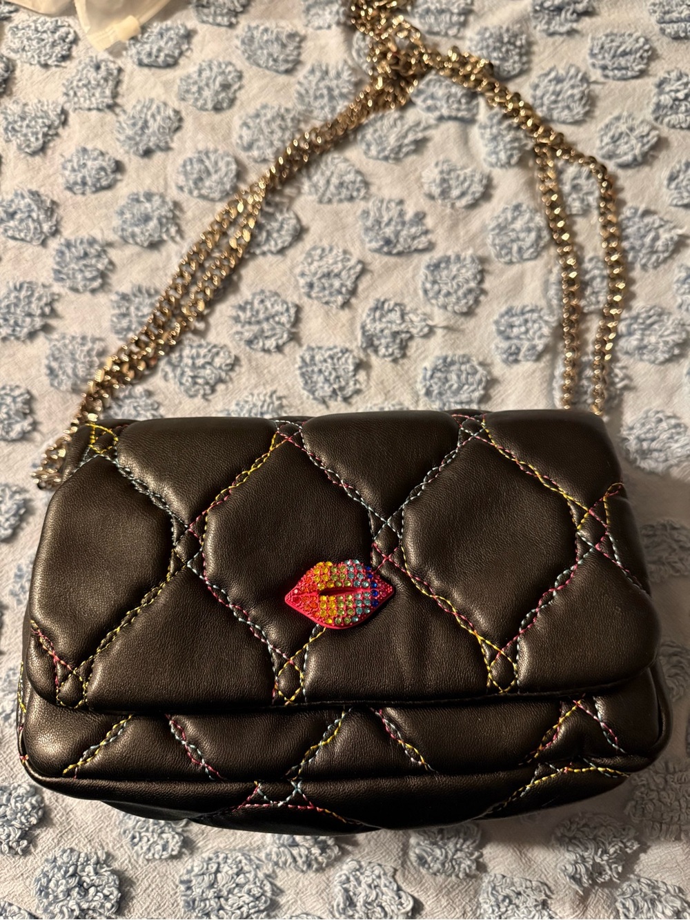 Betsey Johnson Black Quilted Crossbody with Multicolor Lip Accent